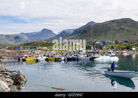 Small boats in harbour used by Inuit and locals for fishing and hunting in summer. Qajaq Harbour, Narsaq, Kujalleq, Southern Greenland Stock Photo