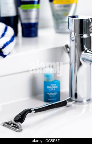Razor and mens grooming products. Stock Photo