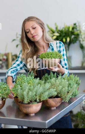 Female florist holding a potted plant Stock Photo - Alamy