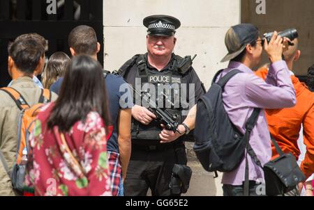 An armed Police officer on duty in central London, as Scotland Yard announced that the first of 600 additional armed officers were trained and operationally ready, and unveiled plans to put more marksmen on public patrol.