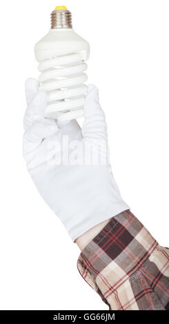 hand in shirt and textile glove holds compact fluorescent lamp isolated on white background Stock Photo