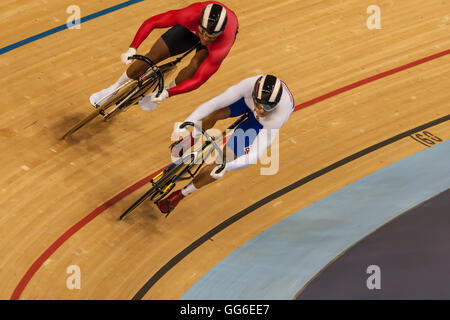 Track cycling battle in the velodrome, London 2012, Summer Olympic Games, England, United Kingdom, Europe Stock Photo