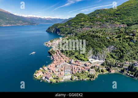 Aerial view of the picturesque village of Varenna surrounded by Lake Como and gardens, Lecco Province, Lombardy, Italy Stock Photo