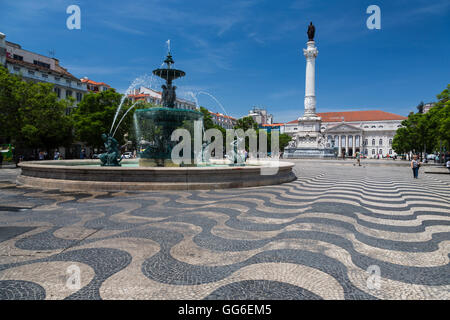 Fountain frames the old palace in Praca de Dom Pedro IV (Rossio Square), Pombaline Downtown, Lisbon, Portugal, Europe Stock Photo