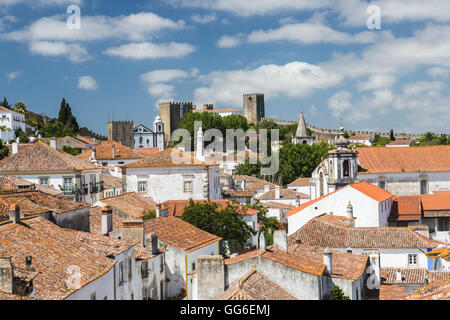 View of the ancient castle of Obidos originated in an early Roman settlement, Obidos, Oeste Leiria District, Portugal, Europe Stock Photo