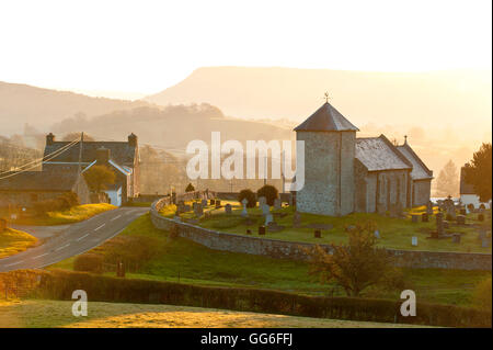 A view at sunrise of St. David's Church in the tiny hamlet of Llanddewi'r Cwm, Powys, Wales, United Kingdom, Europe Stock Photo