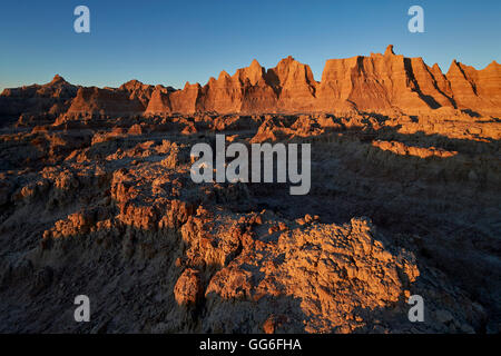 Badlands at first light, Badlands National Park, South Dakota, United States of America, North America Stock Photo