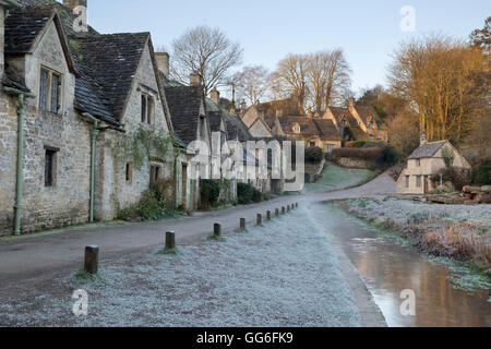 Arlington Row Cotswold stone cottages on frosty morning, Bibury, Cotswolds, Gloucestershire, England, United Kingdom, Europe Stock Photo