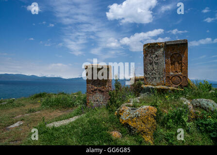 Khackars (stone crosses) at Hayravank Monastery on the bank of lake Sevan in Armenia Stock Photo