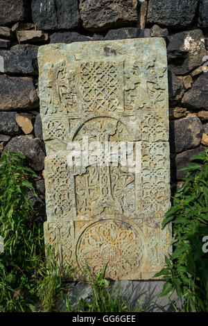 Khachkars (stone crosses), made of andesite from local quarries, at Sevanavank monastery in Armenia