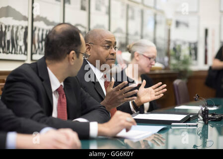 Texas state Sen. Rodney Ellis (center) and representatives of the American Civil Liberties Union at Capitol press conference. Stock Photo