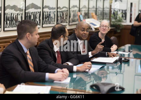 Texas state Sen. Rodney Ellis (speaking) and representatives of the American Civil Liberties Union at Capitol press conference. Stock Photo