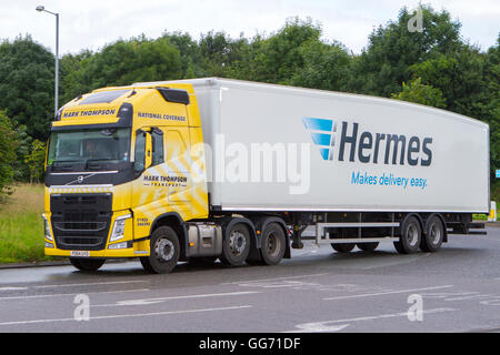 Mark Thompson Volvo truck, a Hermes delivery HGV vehicle seen in Preston, Lancashire, UK Stock Photo