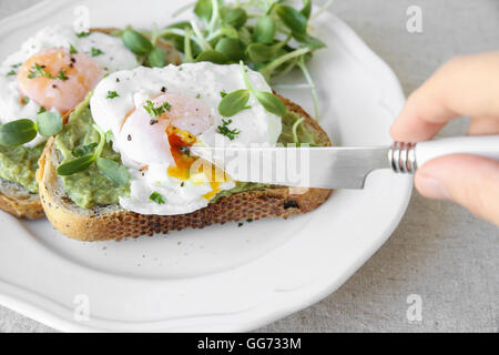 Poached eggs with avocado and sunflower sprout on sourdough toasts Stock Photo