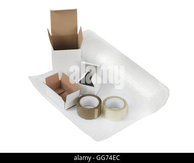 Cardboard boxes set, bubble wrap, cellotape. Packing and shipping concept Stock Photo