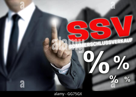 ssv sommerschlussverkauf (in german summer clearance sale) touchscreen is operated by businessman. Stock Photo