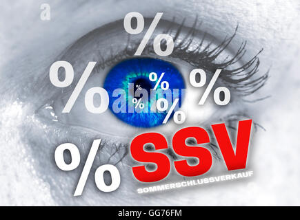 ssv sommerschlussverkauf (in german summer clearance sale) eye looks at viewer concept. Stock Photo