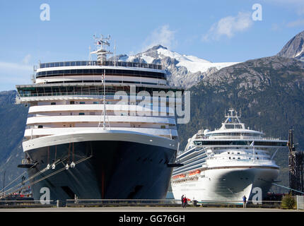 Two giant cruise liners docked in Skagway (Alaska). Stock Photo