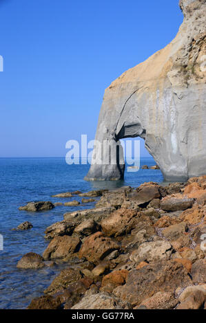 Sandstone Sea Arch near Katelios Harbour on the Greek Island of Kefalonia,Greece, Europe EU. Stock Photo