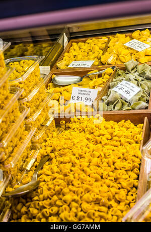 Storefront full of Tortelloni and Tortellini in a street of Bologna. Emilia-Romagna. Italy. Stock Photo
