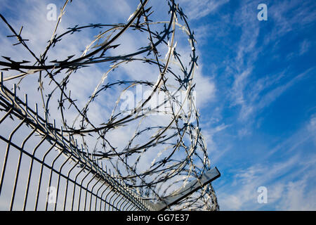 Barbed wire fence with blue skies and clouds in the background Stock Photo