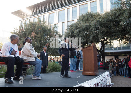 Young black student speaks to crowd during oratory competition at Martin Luther King Day celebration in Austin, Texas Stock Photo