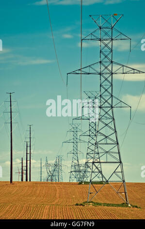 High voltage lines crossing newly planted fields in north central Colorado, USA. retro instagram look Stock Photo