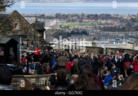 Crowd of people waiting to see the firing of the One O'clock Gun in Edinburgh Castle, Scotland. Stock Photo