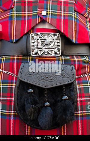 Close up of traditional Scottish tartan kilt and sporran Stock Photo