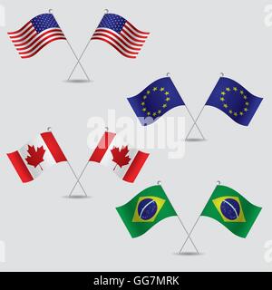 a lot of flags of united states, european union, canada and brazil in grey background Stock Vector