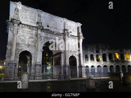 Colosseum and Constantine Arch night view in Rome, Italy. Stock Photo