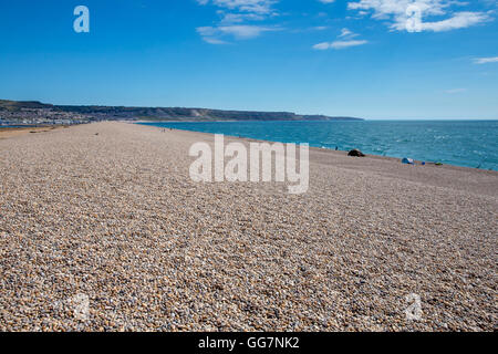 Chesil beach looking towards the Isle of Portland, Dorset, England Stock Photo