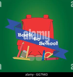 a set of school items, a bag and a blue ribbon on a green background Stock Vector