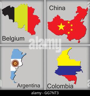 maps of belgium, china, argentina and colombia on grey backgrounds Stock Vector