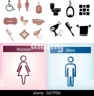 a set of bathrooms elements and icons on colored backgrounds Stock Vector