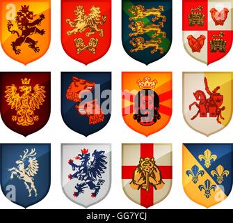 Royal coat of arms on shield vector logo. Heraldry, blazonry set icons Stock Vector