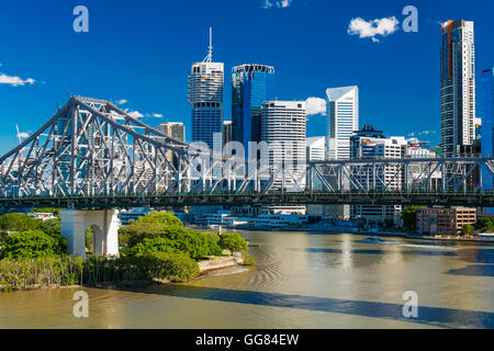 BRISBANE, AUS - JUN 7 2016: Panoramic view of Brisbane Skyline with Story Bridge and the river. It is Australias third largest c Stock Photo