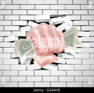 Hand in fist holding cash money dollar bills punching through a white brick wall Stock Photo