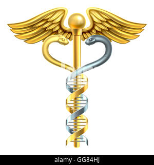 A conceptual graphic of a caduceus medical symbol made of a human DNA double helix genetic chromosome strand. Stock Photo