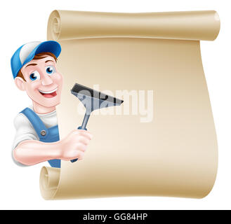 A cartoon window cleaner man in a cap hat and blue overalls holding a squeegee tool and peeking around a scroll Stock Photo