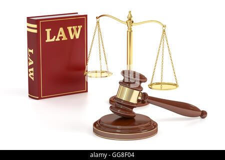 Wooden gavel, low and golden scales of justice. Justice concept, 3D rendering isolated on white background Stock Photo