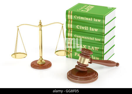 Wooden gavel, low books and golden scales of justice. Justice concept, 3D rendering isolated on white background Stock Photo