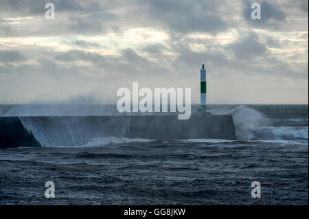 Aberystwyth, Ceredigion, West Wales, UK. 3rd August 2016. UK Weather: High winds gusting to 41 Knots hit the West Coast of Wales and Aberystwyth combined with a higher than normal tide brings waves crashing on the seafront. Credit:  Veteran Photography/Alamy Live News Stock Photo
