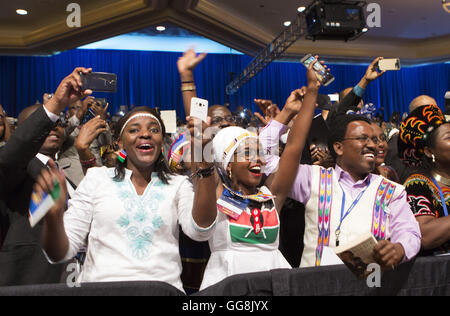 Washington, District of Columbia, USA. 3rd Aug, 2016. Attendees cheer as United States President Barack Obama arrives at a Young African Leaders Initiative (YALI) town hall in Washington, DC. August 3, 2016. Credit: Chris Kleponis/Pool via CNP Credit:  Chris Kleponis/CNP/ZUMA Wire/Alamy Live News Stock Photo