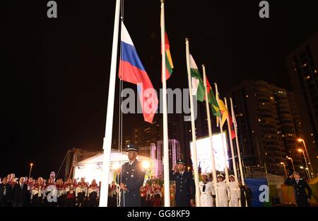 Rio De Janeiro, Brazil. 3rd Aug, 2016. The national flag of Russia is raised during the flag-raising ceremony at the Olympic Village in Rio de Janeiro, Brazil, on Aug. 3, 2016. © Yue Yuewei/Xinhua/Alamy Live News Stock Photo