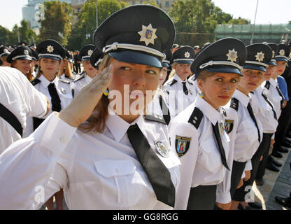 Kiev, Ukraine. 4th Aug, 2016. Ukrainian Police officers stand in line during an official ceremony dedicated to the celebration the Day of the National Police of Ukraine on St. Sophia Square in Kiev, on 04 August, 2016. © Serg Glovny/ZUMA Wire/Alamy Live News Stock Photo