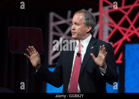 Texas Attorney General Ken Paxton speaks at the 2016 Republican Party of Texas convention in Dallas, Texas. Stock Photo