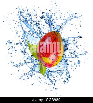 Mango in water splash and ice cubes, isolated on white background Stock Photo