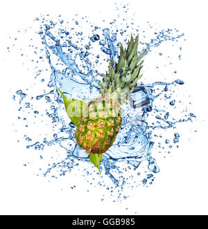 Pine-apple in water splash and ice cubes, isolated on white background Stock Photo