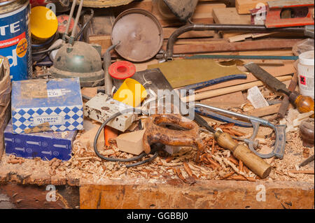 Tools scattered about in a woodworkers workshop Stock Photo